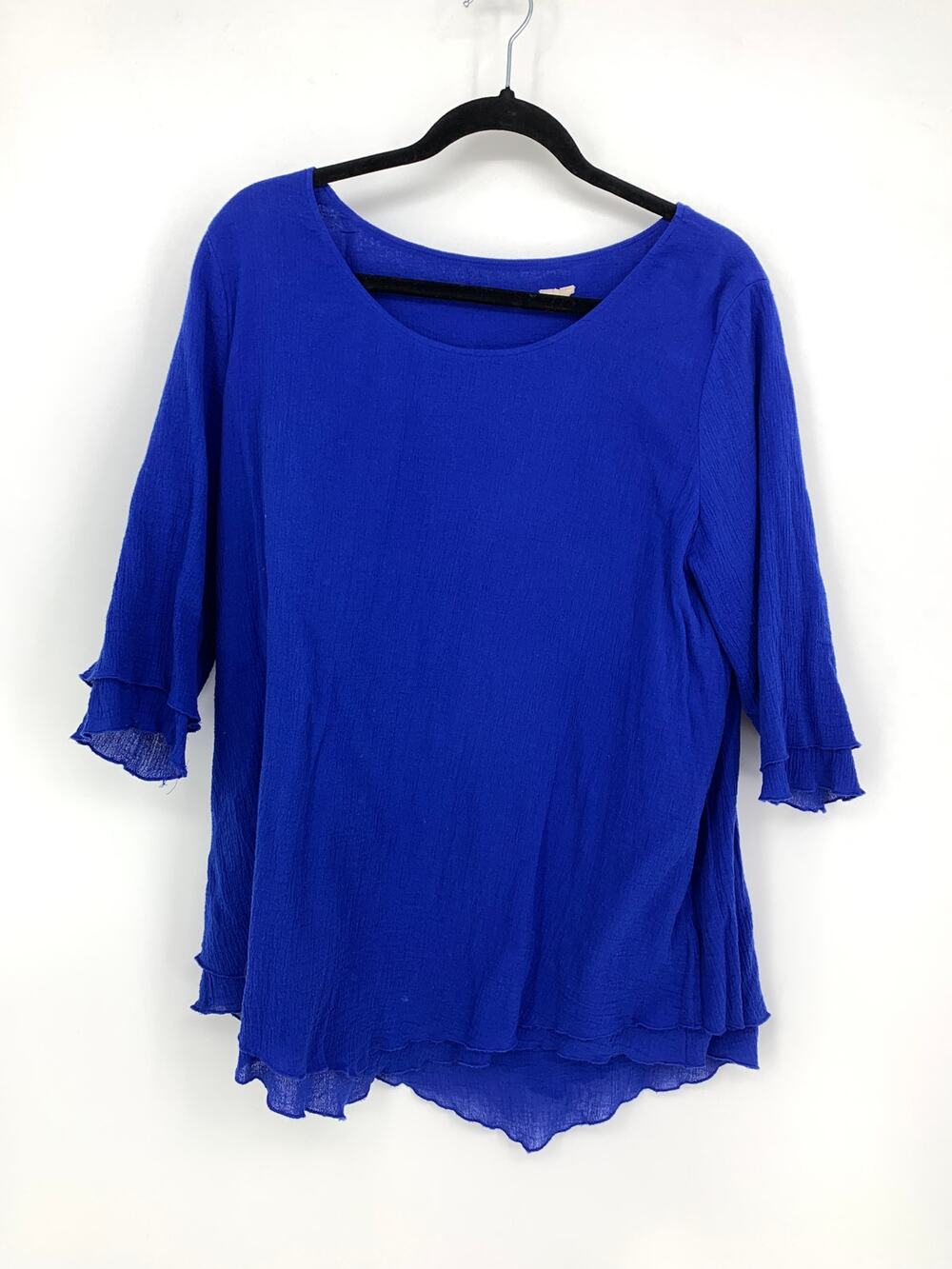 Soft Surroundings 3/4 Sleeve Gauze Cotton Blouse Womens Sz L Blue *FLAW READ